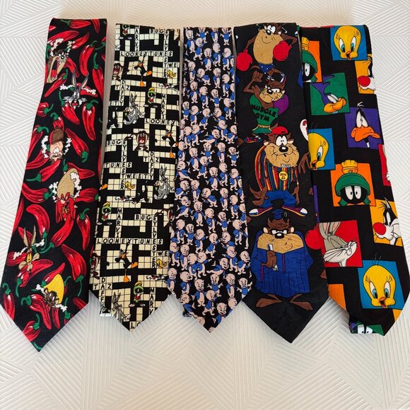 Looney Tunes Vintage 90s Lot of 5 Neck Ties Silk & Polyester Warner Bros - Picture 1 of 9